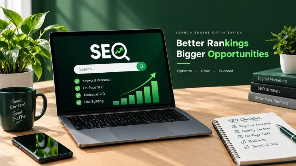 SEO blog image by the Best Digital Marketing Specialist in Kozhikode, highlighting keyword research, search rankings, and website optimization.