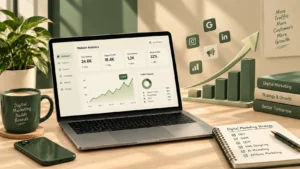Digital marketing growth illustration showing website traffic, social media engagement, and business growth by the best digital marketing specialist in kozhikode.