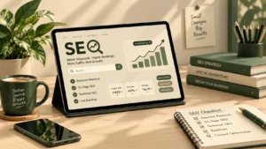Digital marketing blog image featuring SEO strategies, website analytics, keyword research, and organic traffic growth by the Best Digital Marketing Specialist in Kozhikode.